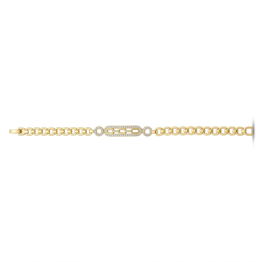 A delicate yellow gold chain bracelet featuring a central rectangular pavé diamond inlay flanked by two small round diamond accents, shown on a plain white background.