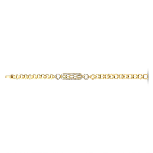 A delicate yellow gold chain bracelet featuring a central rectangular pavé diamond inlay flanked by two small round diamond accents, shown on a plain white background.