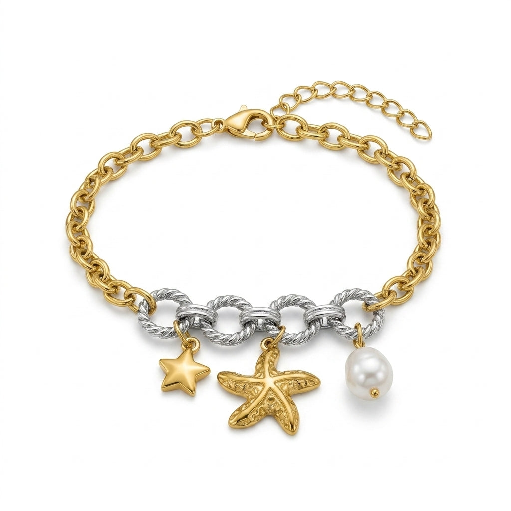 a gold and silver chain bracelet with starfish and pearl charms, displayed on a clean white background.